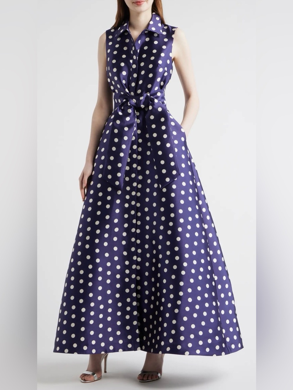 NEW Julia Jordan Polka Dot Belted Sleeveless Collared Navy Gown Sz 6